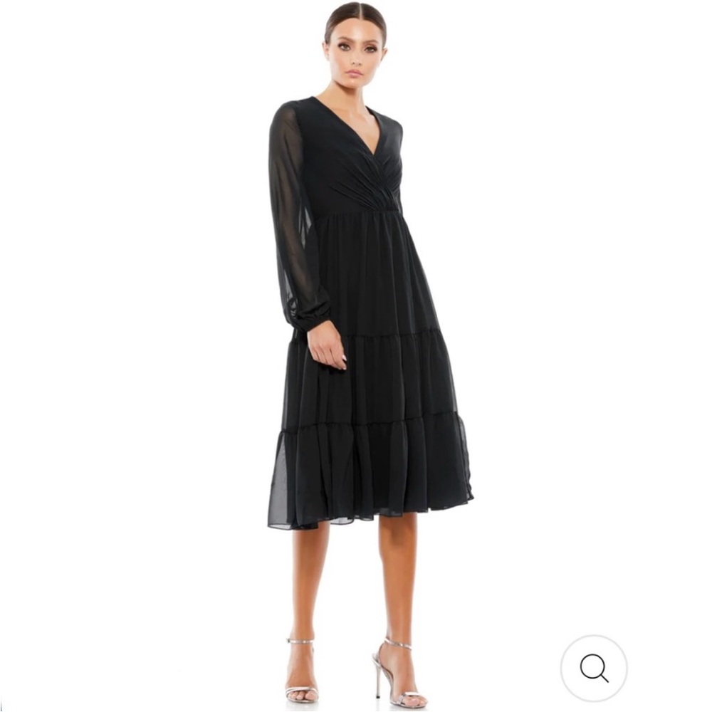 IEENA FOR MAC DUGGAL Black Ruched V Neck Tiered Midi Dress Cocktail Long Sleeve